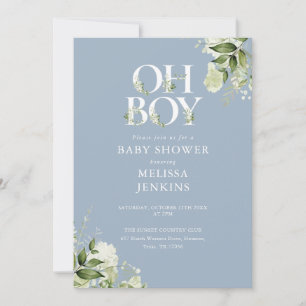Invitación Dusty Blue Oh Boy Greenery Código QR Baby Shower