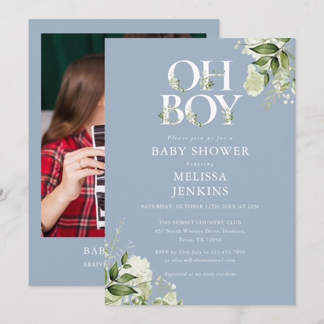 Invitación Dusty Blue Oh Boy Greenery Photo Baby Shower (Anverso / Reverso)