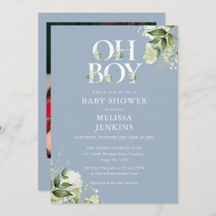 Invitación Dusty Blue Oh Boy Greenery Photo Baby Shower
