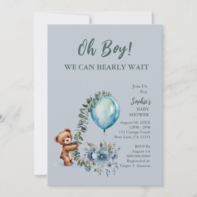 Invitación Dusty Blue Oh Boy Podemos Esperar Baby Shower (Anverso)
