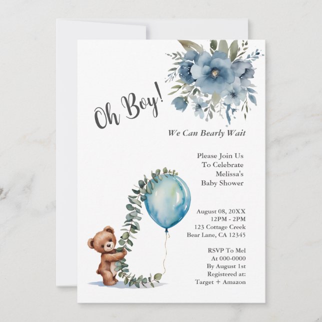 Invitación Dusty Blue Oh Boy Podemos Esperar Baby Shower (Anverso)