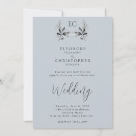 Invitación Dusty Blue Olive Branch Monogram Photo Wedding 