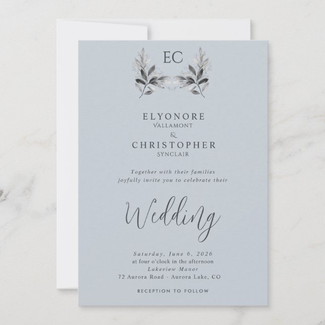 Invitación Dusty Blue Olive Branch Monogram Photo Wedding  (Anverso)