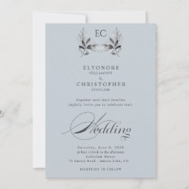 Invitación Dusty Blue Olive Branch Monogram Photo Wedding 
