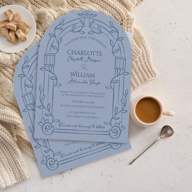 Invitación Dusty Blue Ornate Arch Botanical Wedding (Dusty Blue Ornate Arch Botanical Wedding Invitation | Elegant Garden Estate Wedding Invite)