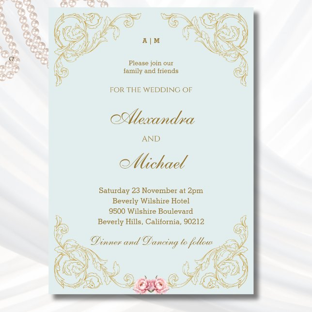 Invitación Dusty Blue Ornate Vintage Boda barroco (Subido por el creador)