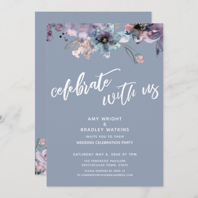 Invitación Dusty Blue Painted Floral celebra con nosotros (Anverso / Reverso)