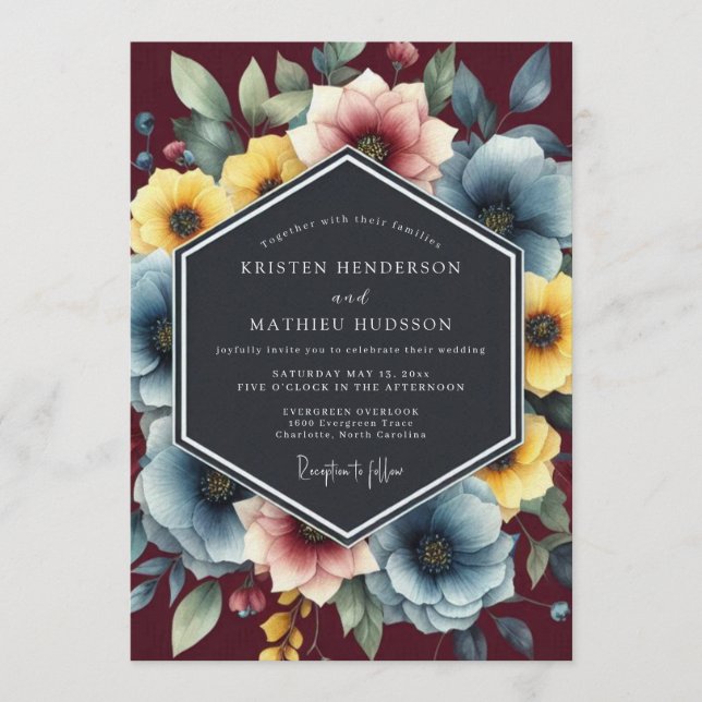 Invitación Dusty Blue Painterly Bloom Wedding (Anverso)