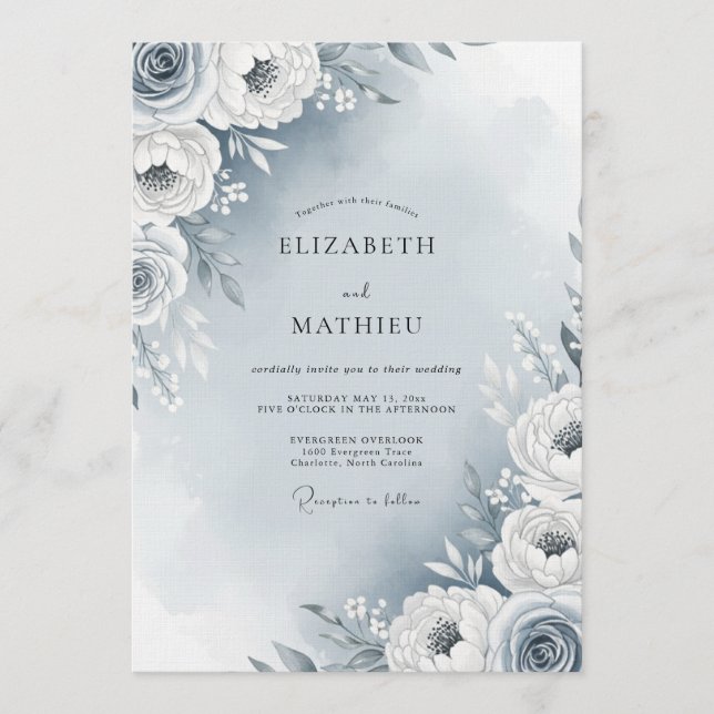 Invitación Dusty Blue Painterly Flora Wedding (Anverso)
