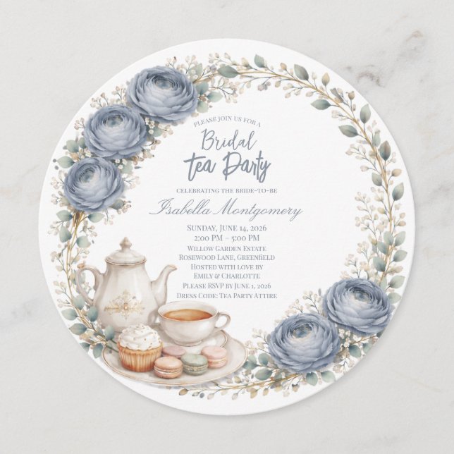 Invitación Dusty Blue Palette Tea Party Bridal Shower (Anverso)