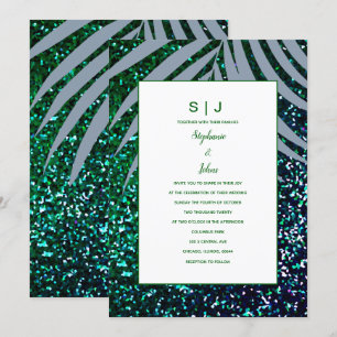 Invitación Dusty Blue Palm Leaf Emerald Green Purpurina Boda