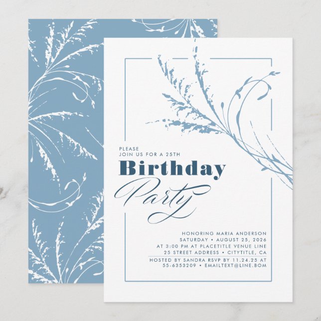 Invitación Dusty Blue Pampas Fiesta de cumpleaños moderna de  (Anverso / Reverso)