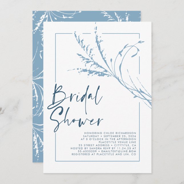Invitación Dusty Blue Pampas Grass Moderno Boho Bridal Shower (Anverso / Reverso)