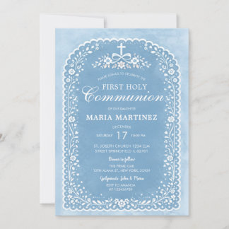 Invitación Dusty Blue Papel Picado Girl First Holy Communion
