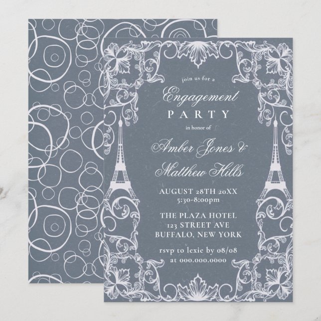 Invitación Dusty Blue Paris Francia Theme Engagement Party (Anverso / Reverso)