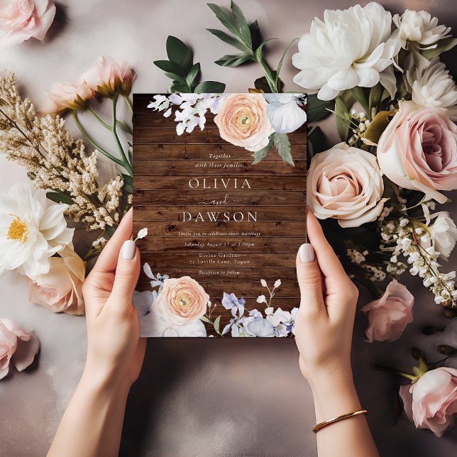 Invitación Dusty Blue & Peach Rustic Wood Boda (Subido por el creador)