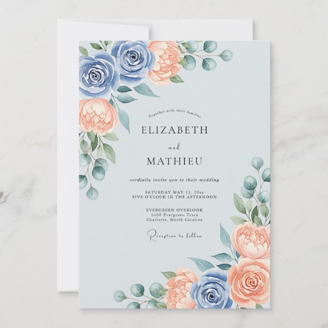 Invitación Dusty Blue Peach Splendid Spring Wedding (Anverso)