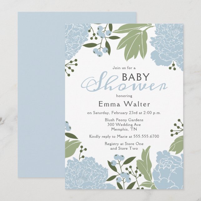 Invitación Dusty Blue Peonies Baby Shower (Anverso / Reverso)