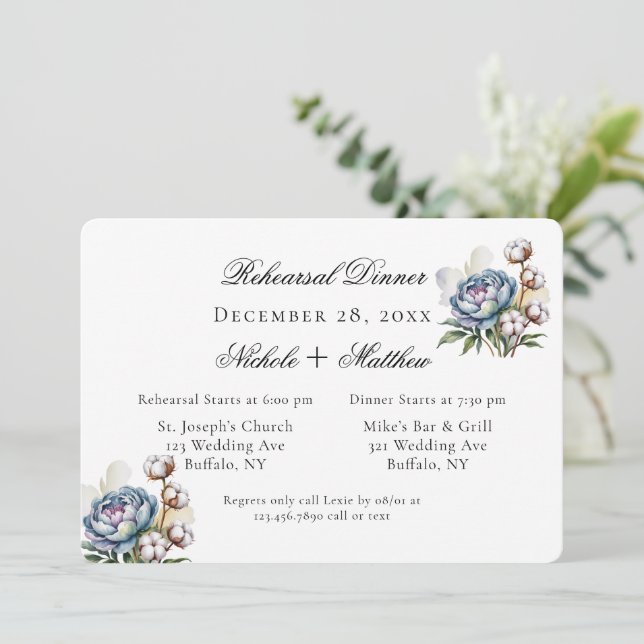 Invitación Dusty Blue Peony and Cotton Rehearsal Dinner (Anverso de pie)