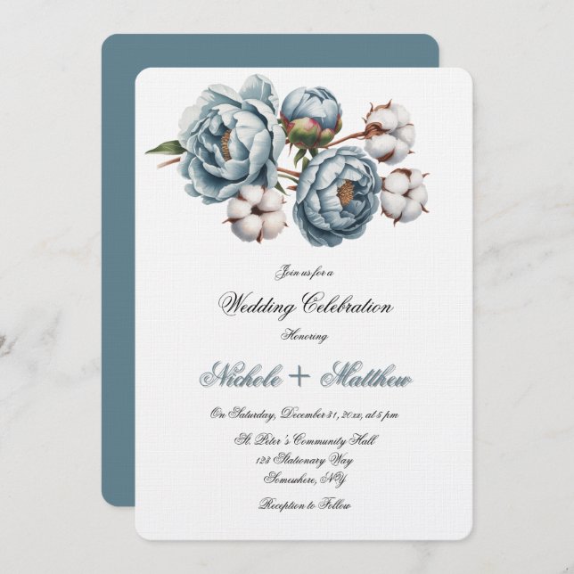 Invitación Dusty Blue Peony and Cotton Wedding Celebration (Anverso / Reverso)