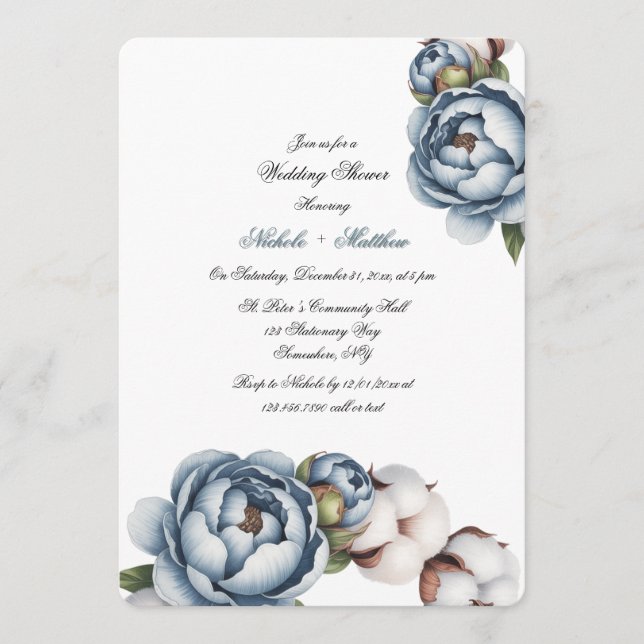 Invitación Dusty Blue Peony and Cotton Wedding Shower (Anverso)