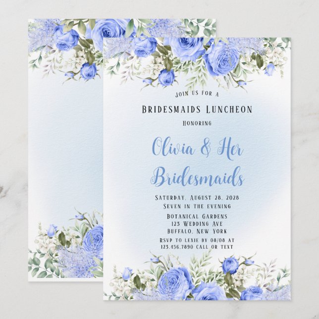 Invitación Dusty Blue Peony Blossom Bridesmaids Luncheon (Anverso / Reverso)