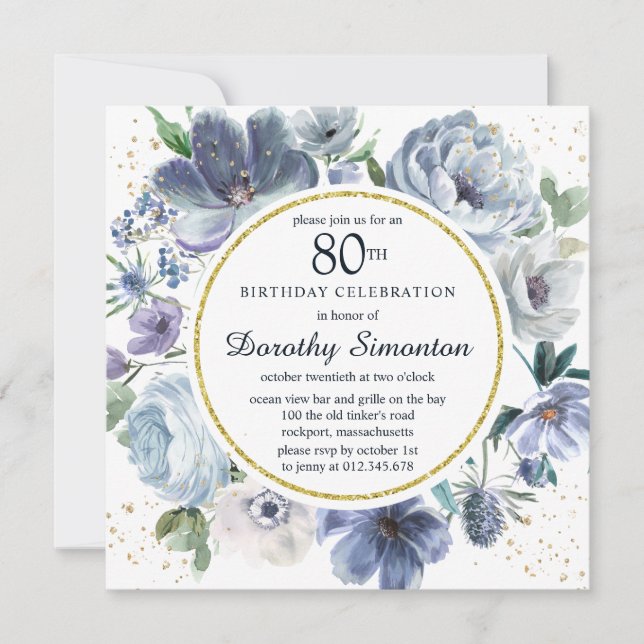 Invitación Dusty Blue Peony Floral 80 cumpleaños (Anverso)