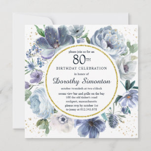 Invitación Dusty Blue Peony Floral 80 cumpleaños