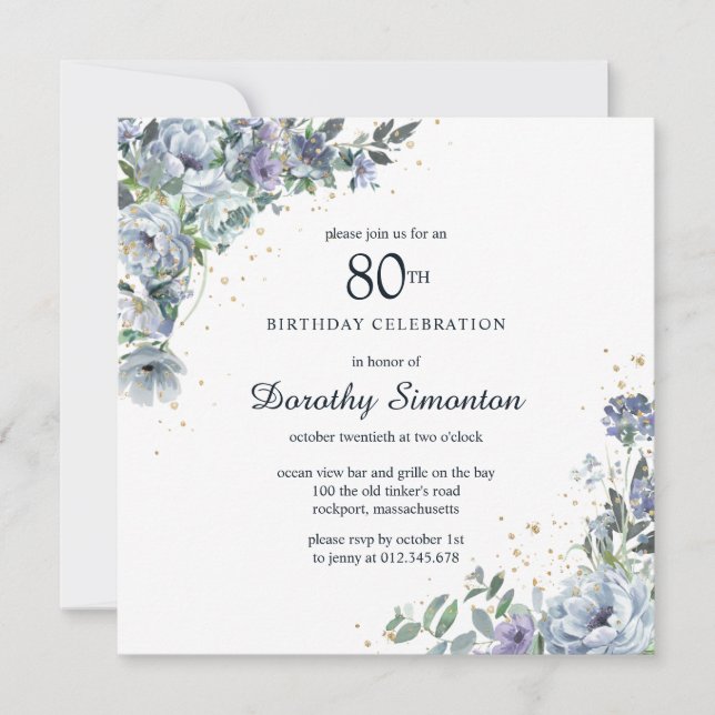 Invitación Dusty Blue Peony Floral 80 cumpleaños (Anverso)