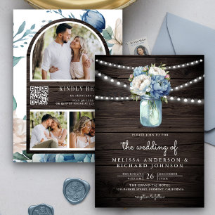 Invitación Dusty Blue Peony Mason Jar Código QR Boda de mader