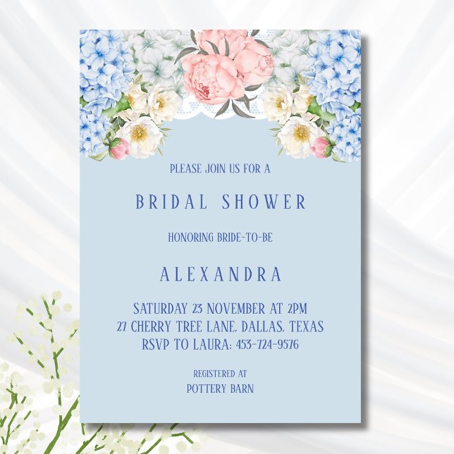 Invitación Dusty Blue Peony Romantic Hydrangea Bridal Shower (Subido por el creador)