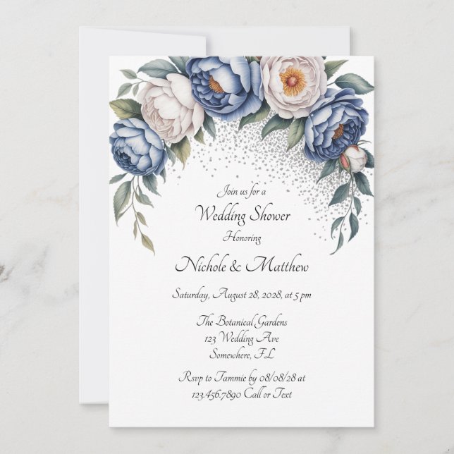 Invitación Dusty Blue Peony Rosa y ducha de matrimonio Purpur (Anverso)