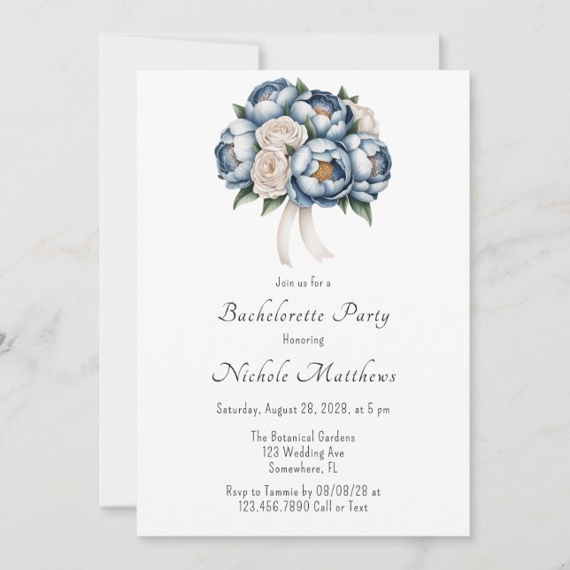 Invitación Dusty Blue Peony Rosa y Purpurina Bachelorette Par (Anverso)