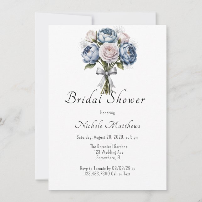 Invitación Dusty Blue Peony Rosa y Purpurina Bridal Shower (Anverso)