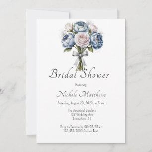 Invitación Dusty Blue Peony Rosa y Purpurina Bridal Shower