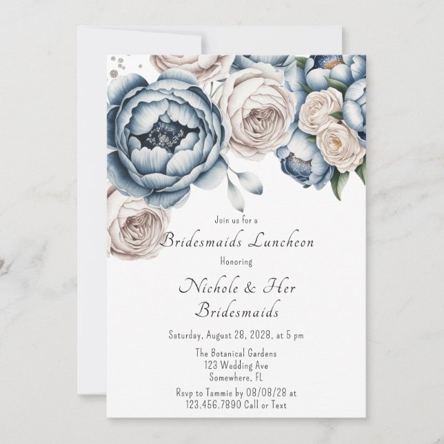 Invitación Dusty Blue Peony Rosa y Purpurina Bridesmaids Lune (Anverso)
