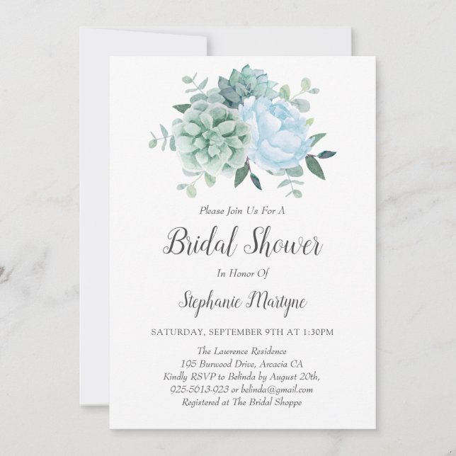 Invitación Dusty Blue Peony Sucults Bridal Shower (Anverso)