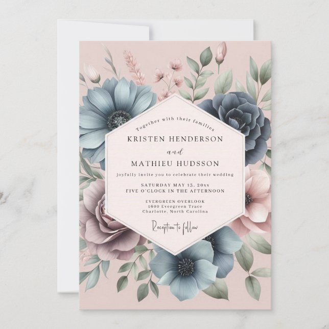 Invitación Dusty Blue Petal Romance Wedding (Anverso)