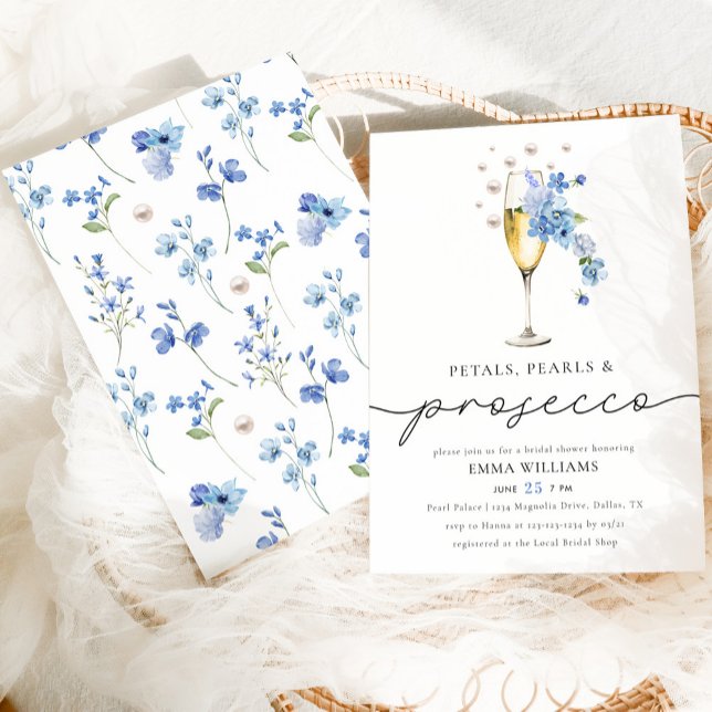 Invitación Dusty Blue Petals Pearls y Prosecco Bridal Shower (Subido por el creador)