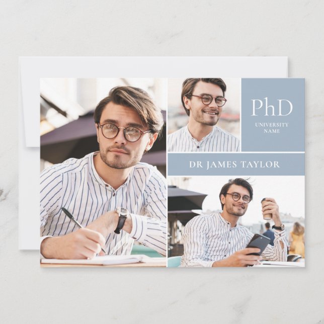 Invitación Dusty Blue PhD Graduación de Foto de 3er grado (Anverso)