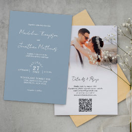 Invitación Dusty Blue Photo Budget Boda QR Code Rsvp