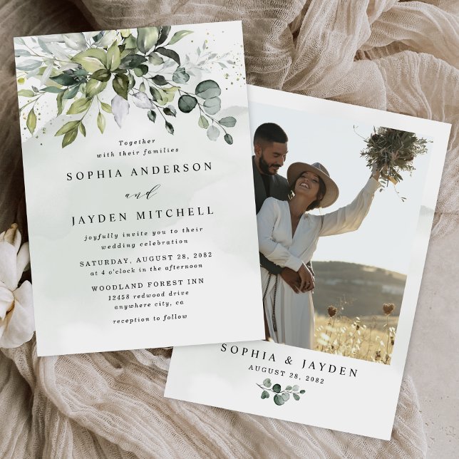 Invitación Dusty Blue Photo Greenery Airy Elegant Wedding (Subido por el creador)