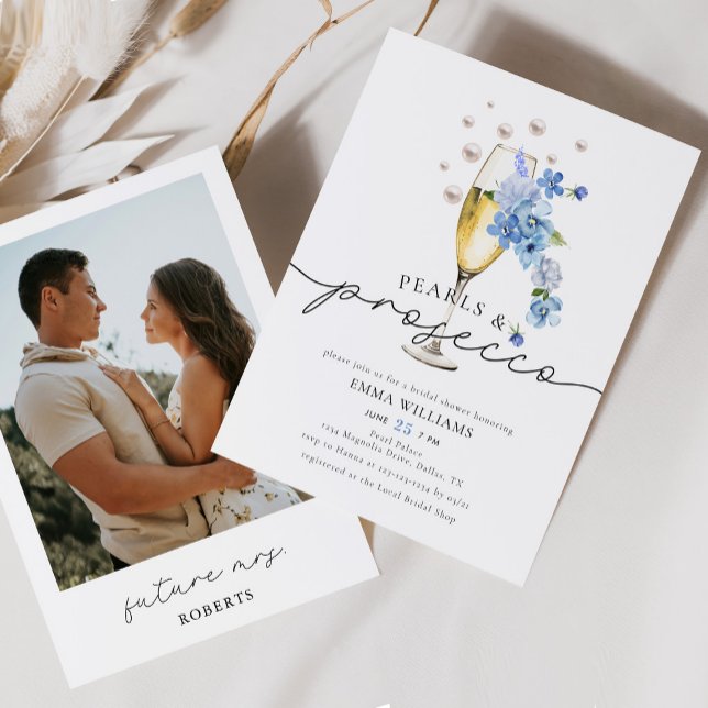 Invitación Dusty Blue Photo Pearls y Prosecco Bridal Shower (Subido por el creador)