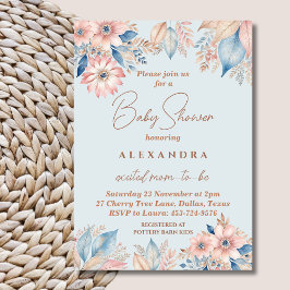 Invitación Dusty Blue Pink Floral Boho Moda Baby Shower