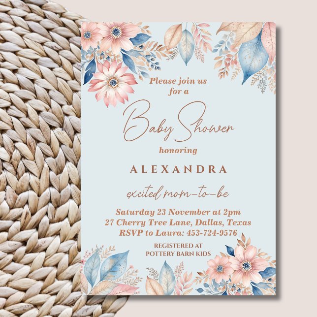Invitación Dusty Blue Pink Floral Boho Moda Baby Shower (Subido por el creador)