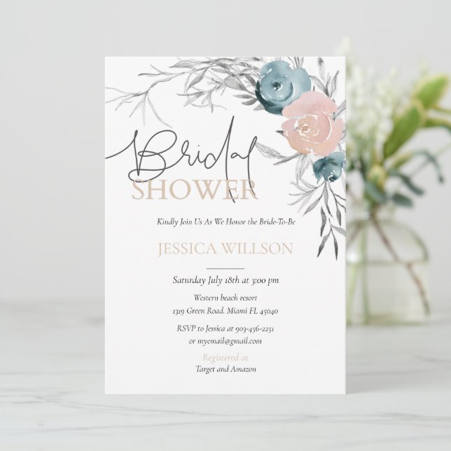 Invitación Dusty Blue & Pink Floral Bridal Shower (Anverso de pie)