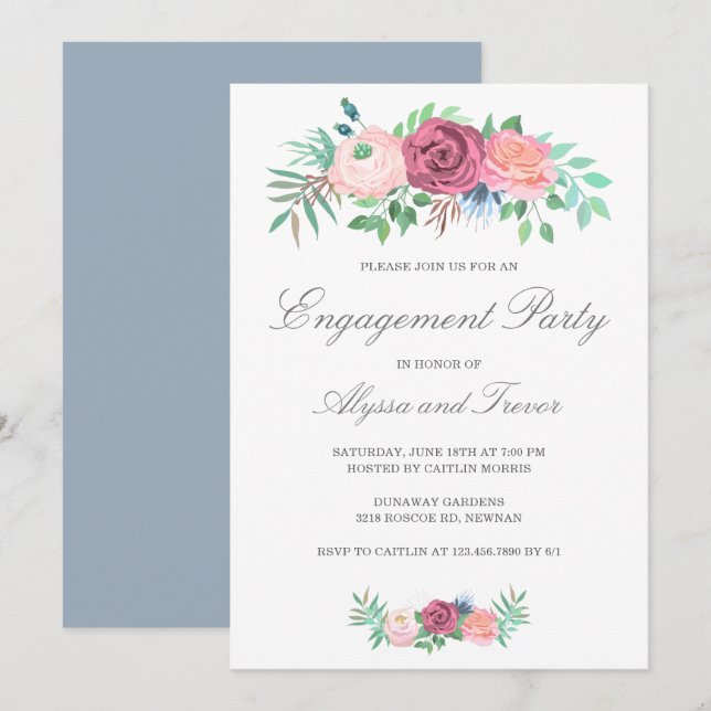 Invitación Dusty Blue Pink Floral Elegance Party (Anverso / Reverso)
