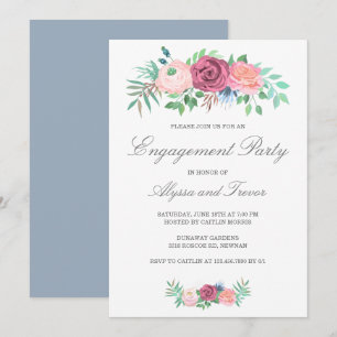 Invitación Dusty Blue Pink Floral Elegance Party