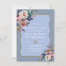 Invitación Dusty Blue Pink Floral Gold Frame Ensayo Cena