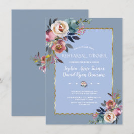 Invitación Dusty Blue Pink Floral Gold Frame Ensayo Cena
